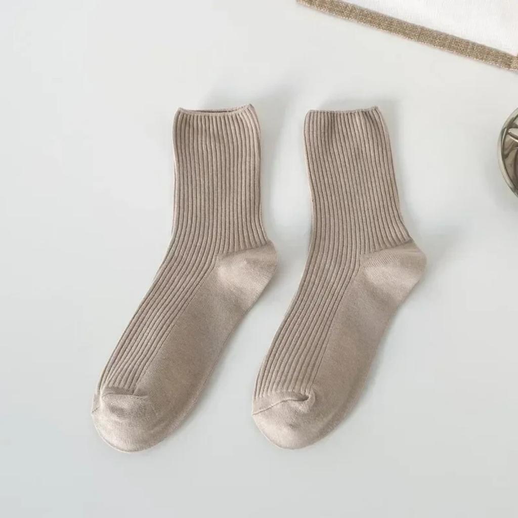 Brown Socks Women Tube Socks Pure Cotton Spring Autumn Ins Minimalist Style Solid Color Striped Stockings All-match Casual Socks