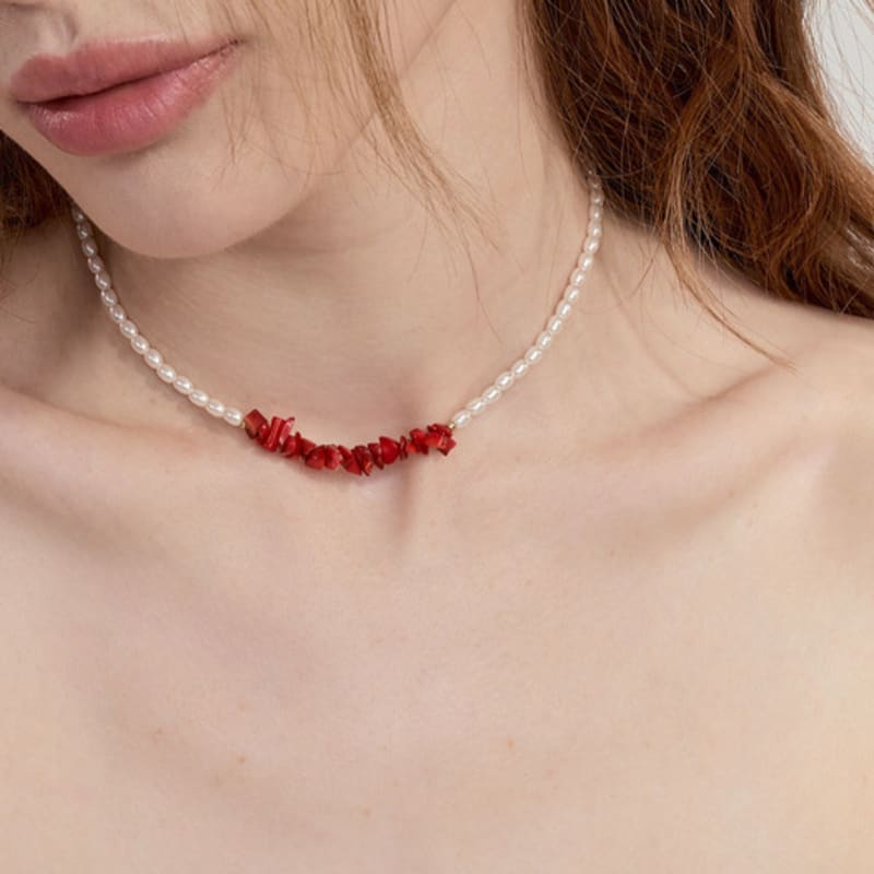 NUOY Gemstone Coral Freshwater Pearl Necklace