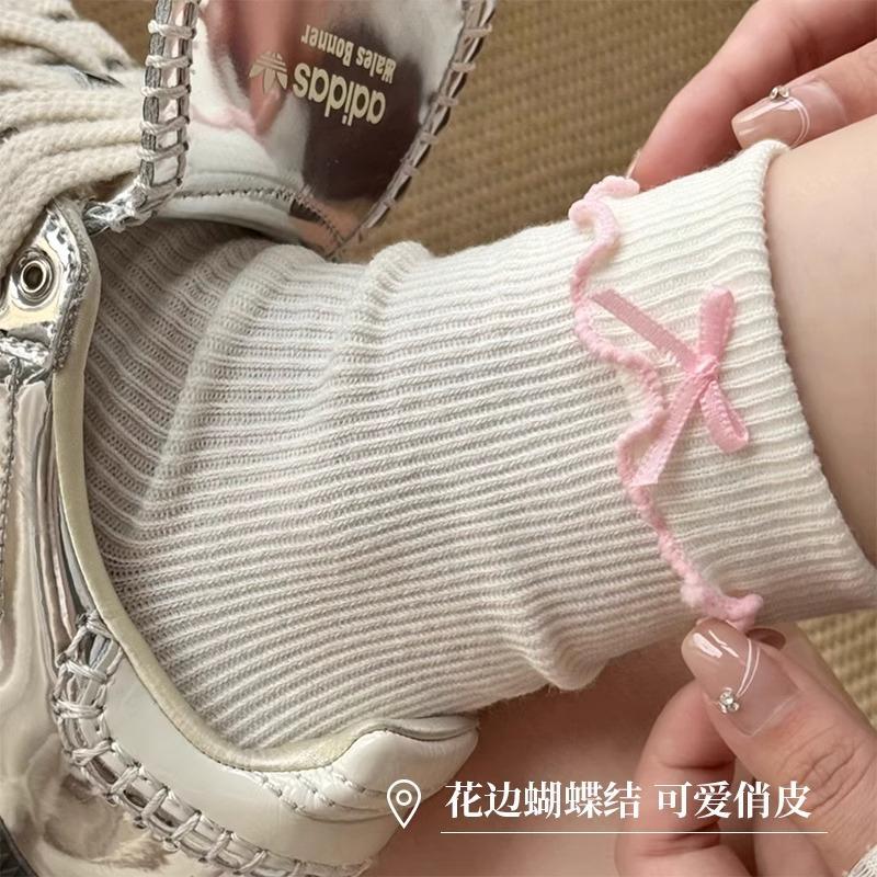 2025 New Japanese and Korean Style Women's Casual Socks Summer Cotton Thin Sweet Bow Lettuce Edge Round Neck Socks