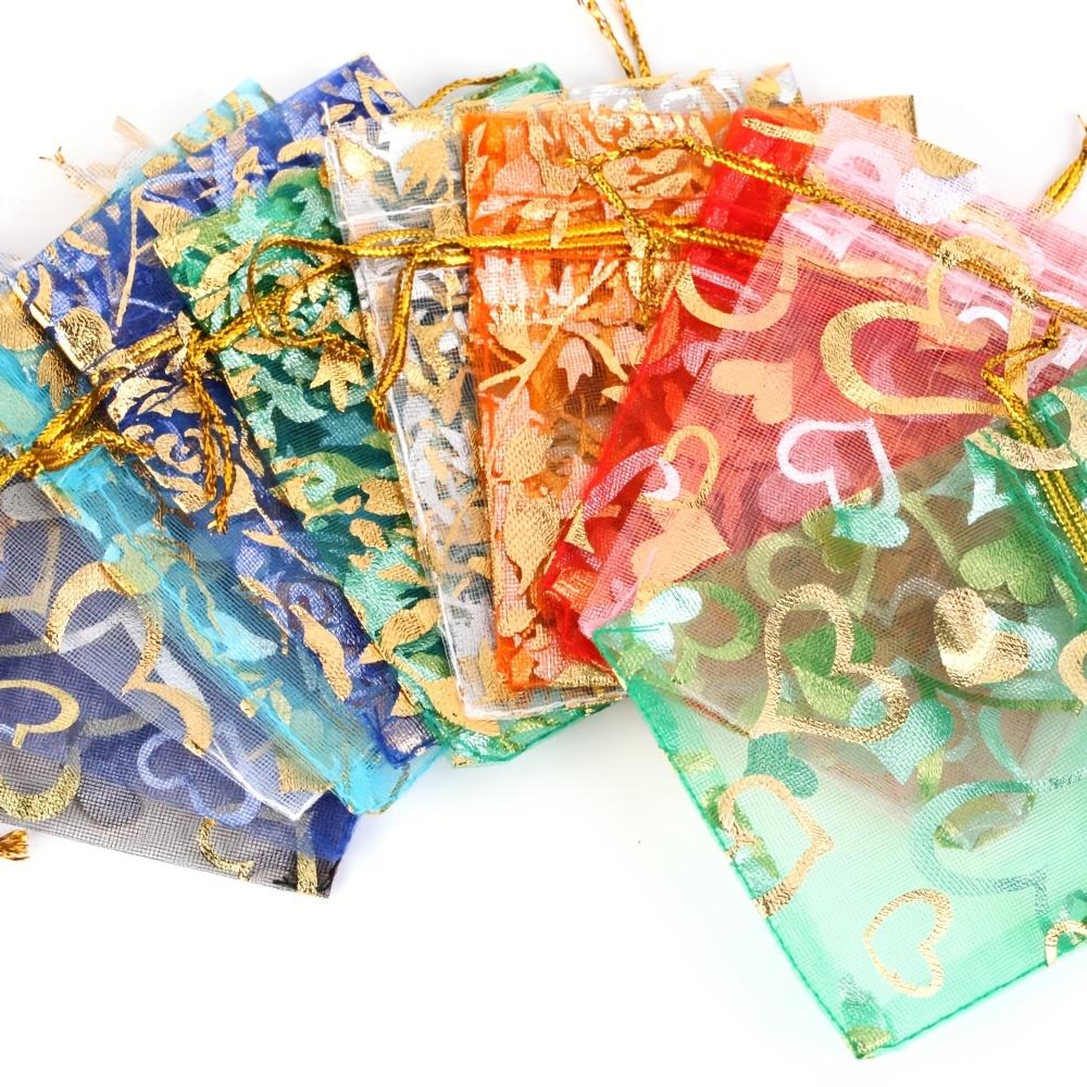 50pcs Polyester Organza Gift Bags, Love Heart Design, for Jewelry and Bead Packaging, with Drawstring Closure