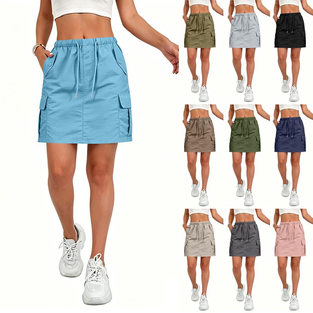 Women's Casual Mini Skirt with Drawstring Waist and Pockets Utility Style Lightweight Workwear Skirt Suitable for Everyday Wear