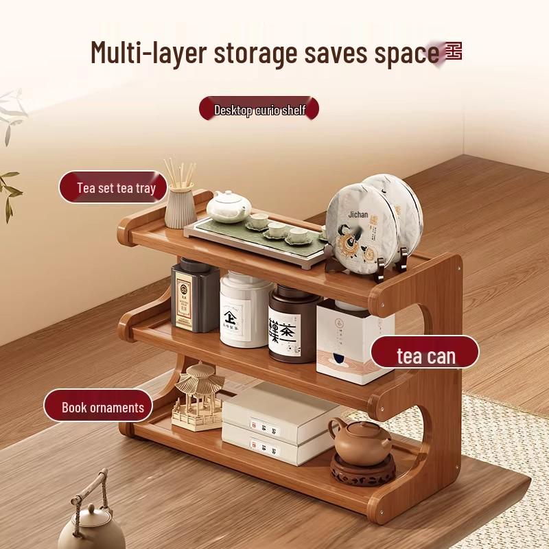 Mini Wooden Desktop Bookcase & Tea Table Storage Rack with Cup Holder - New Chinese Style