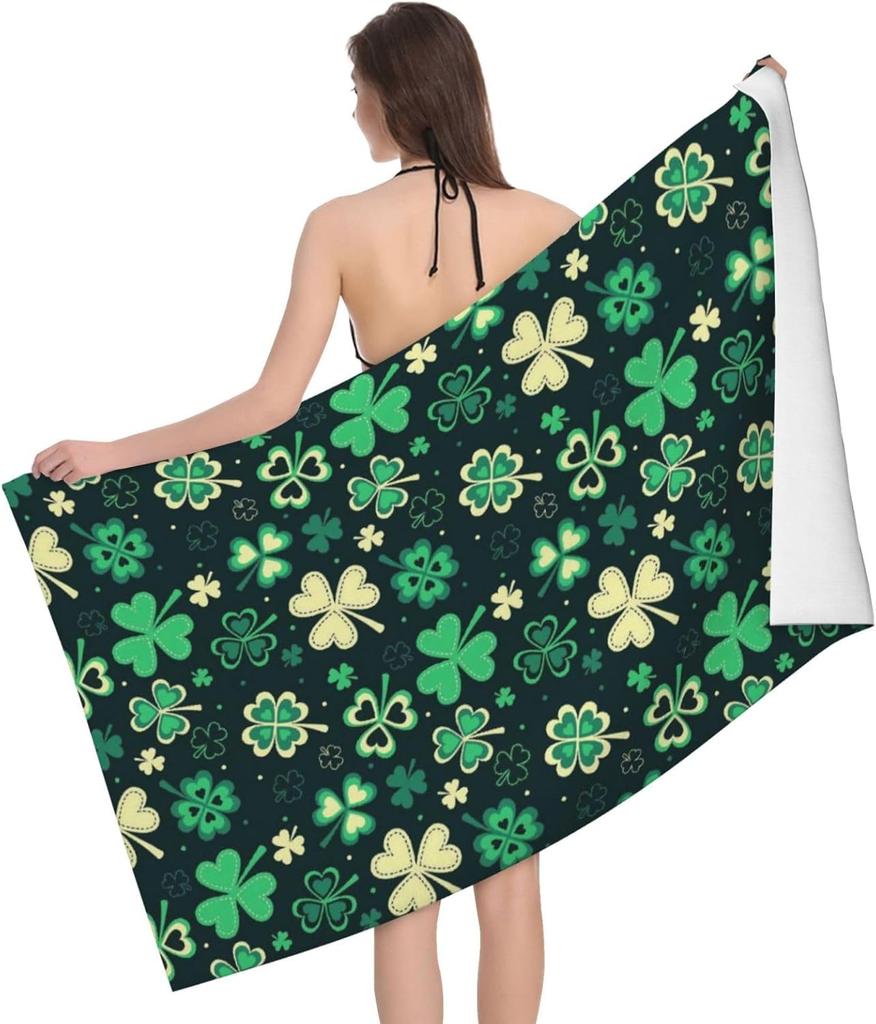 Saint Patrick's Day Lucky Clover Beach Towel, Green Shamrock Lightweight Bath Towels, Quick Dry Absorbent Microfiber Swim Yoga