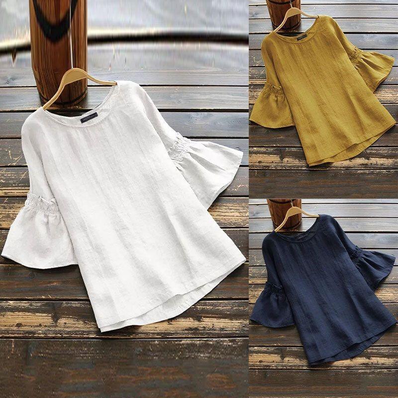 Damen Sommer Bluse Kurzarm Unifarben Rundhals Rüschenärmel Hemd