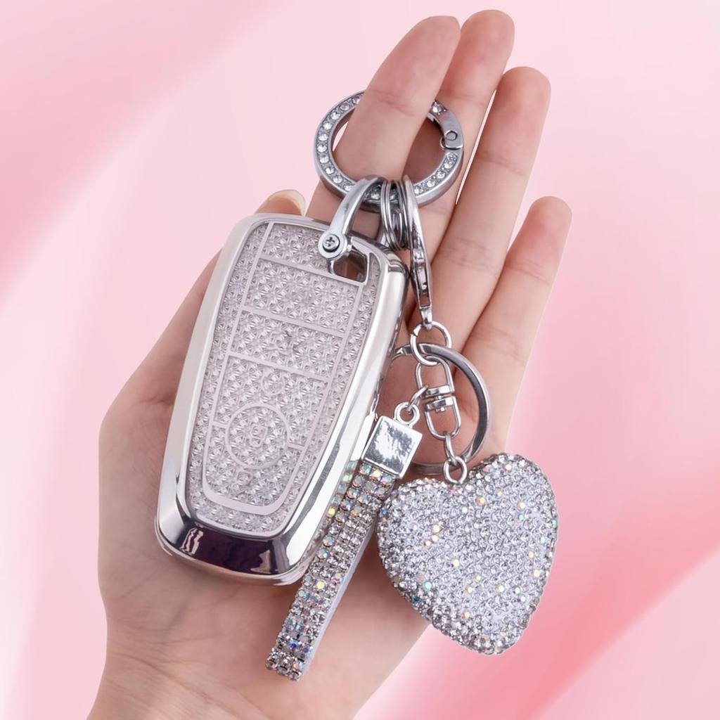 for Ford key fob cover with Diamond Bling Keychain, Car Accessories Shell for Explorer Fusion Escape Edge Expedition Bronco F150 F250 F350 F450 F550