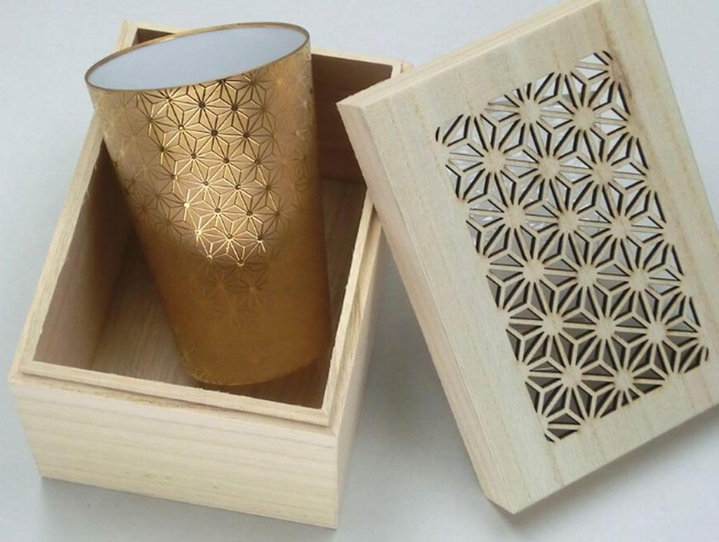 Asanoha Wooden Made in Japan J-kitchens Cup, Ultra-thin, Light-transmitting Tumbler, Gold, Pattern, Box, 370ml,