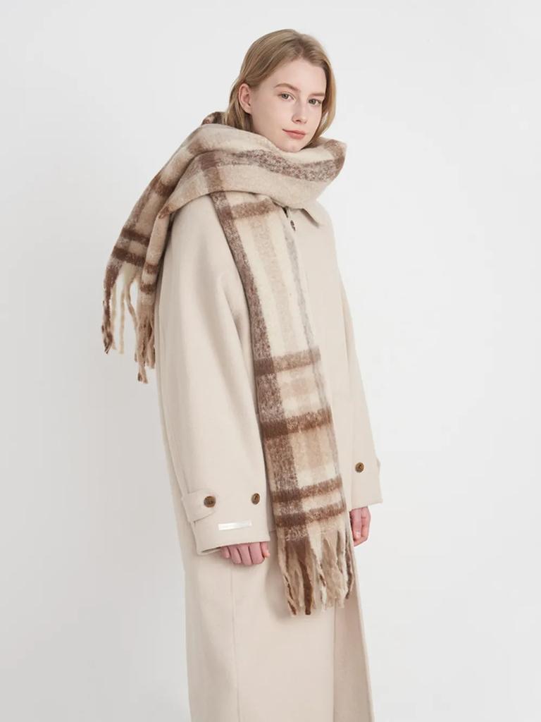Korean Fringe Plaid Cashmere Scarf Shawl Women Warm Thick Mohair Scarf Pashmina Fashionable Soft Tassel Scarf Neck Protection