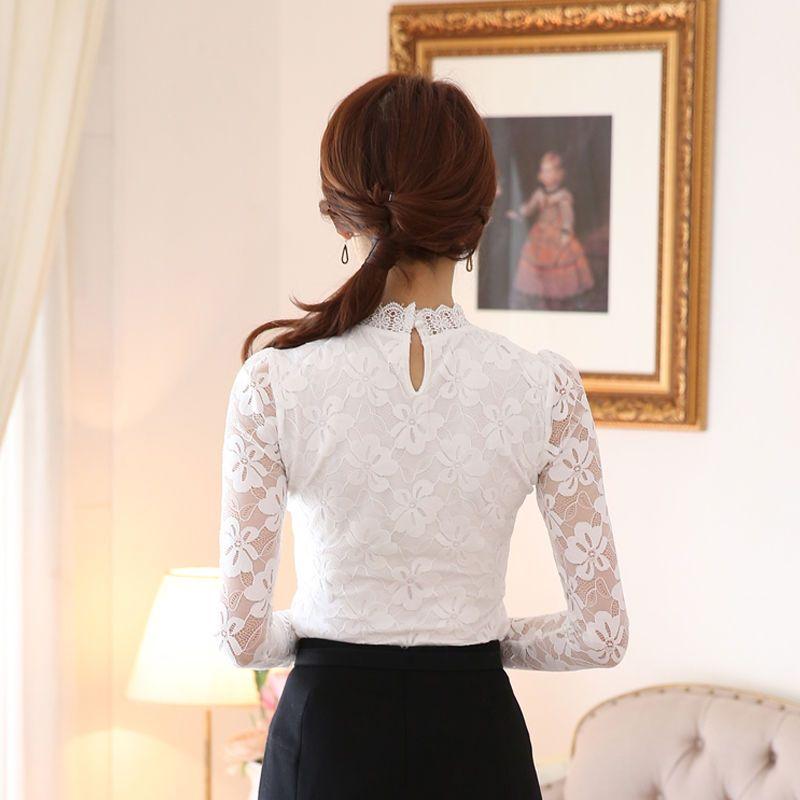 Skjorte med blonder for kvinner Høst Vinter Langermet T-skjorte Varme, uthulede gensere Topp S-5XL