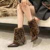 Women's 2025 Autumn/Winter Leopard Print High Heel Ankle Boots with Rabbit Fur