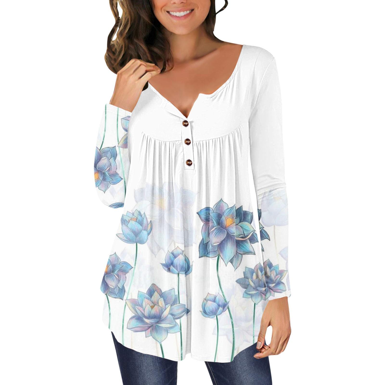 

Женская повседневная футболка с длинным рукавом и открытым воротником на пуговицах с принтом, блузка, топ XL белый