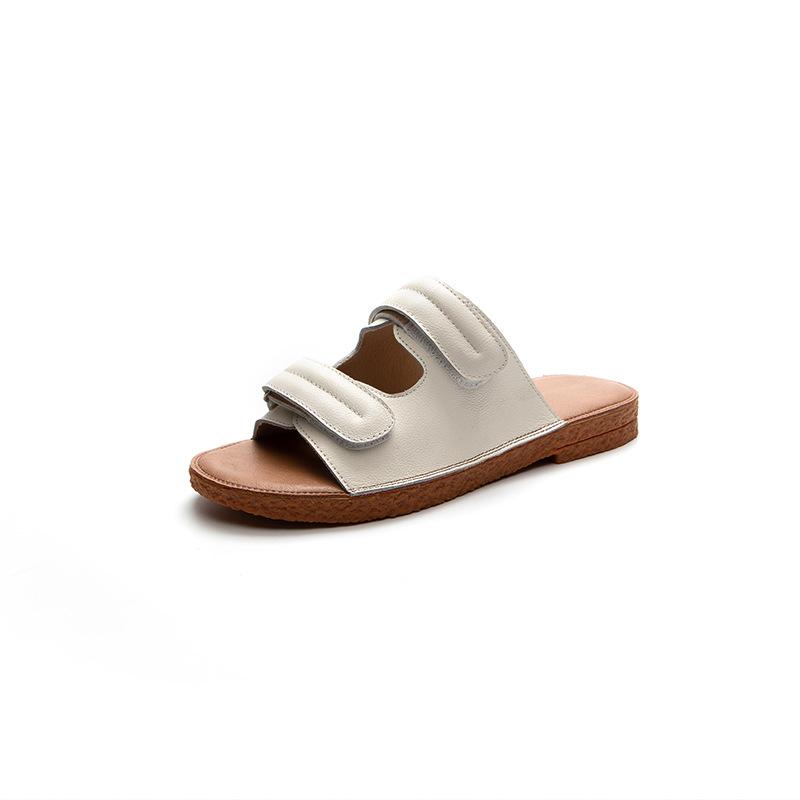 Summer New Cowhide Outer Wear Flat-bottomed Cool Slippers Women's Hollow Velcro Fashionable and Comfortable Rubber Soft-soled Beach Shoes