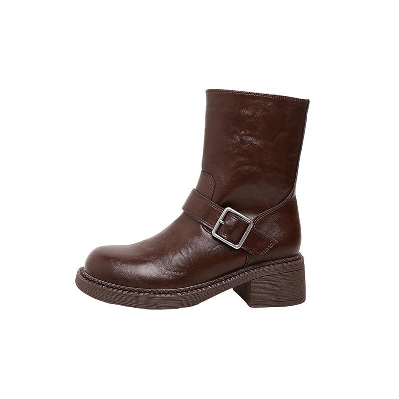 Maillard brown leather Martin boots women's autumn and winter new British style retro versatile thick heel short boots children