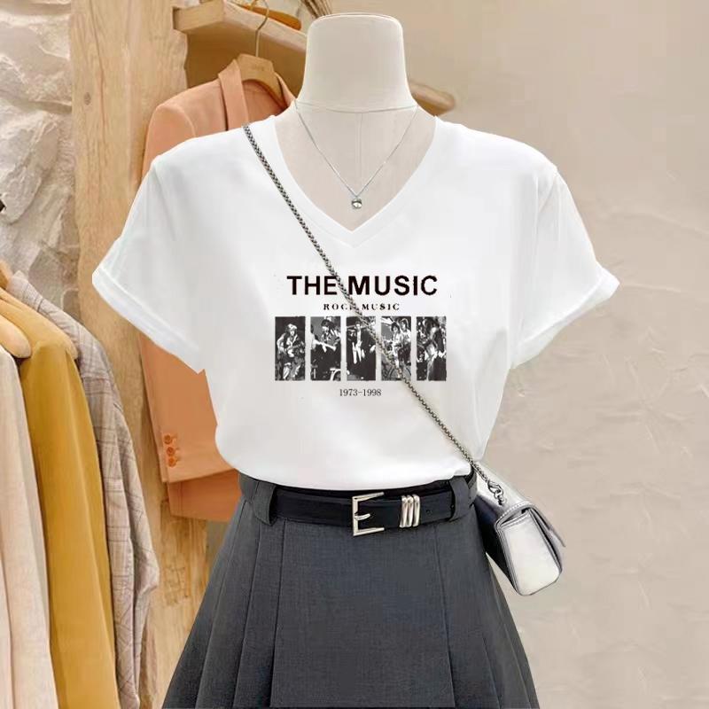 

Белая женская футболка с коротким рукавом, V-образным вырезом, свободная и тонкая, из чистого хлопка, летняя женская одежда, новая однотонная тонкая футболка с принтом на плече спереди S