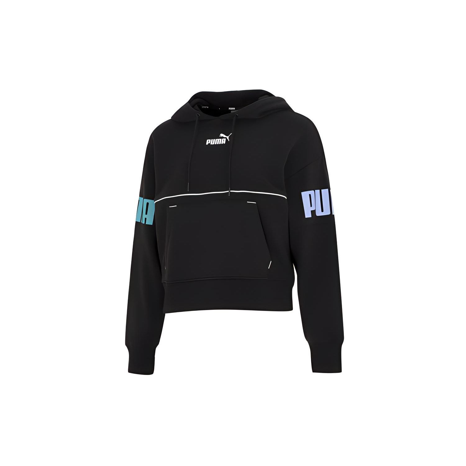 

Puma Минималистичный спортивный повседневный свитер с логотипом и буквенным принтом, цветной блок, круглый вырез, заниженная линия плеч, женская футболка, черный цвет 673638-91 S