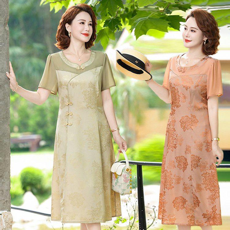 2026 Chinese National Style Chiffon Dress: Elegant Floral Print Summer Dress for Middle-aged Women