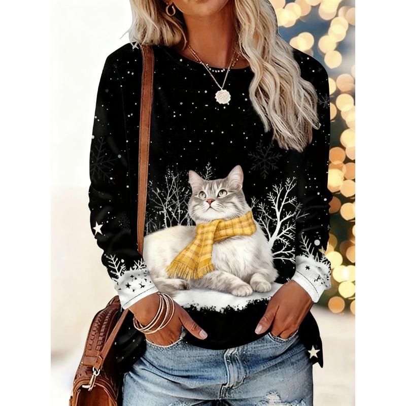 Christmas-themed women's snowflake and kitten print round neck long-sleeved T-shirt, festive black and white casual loose top