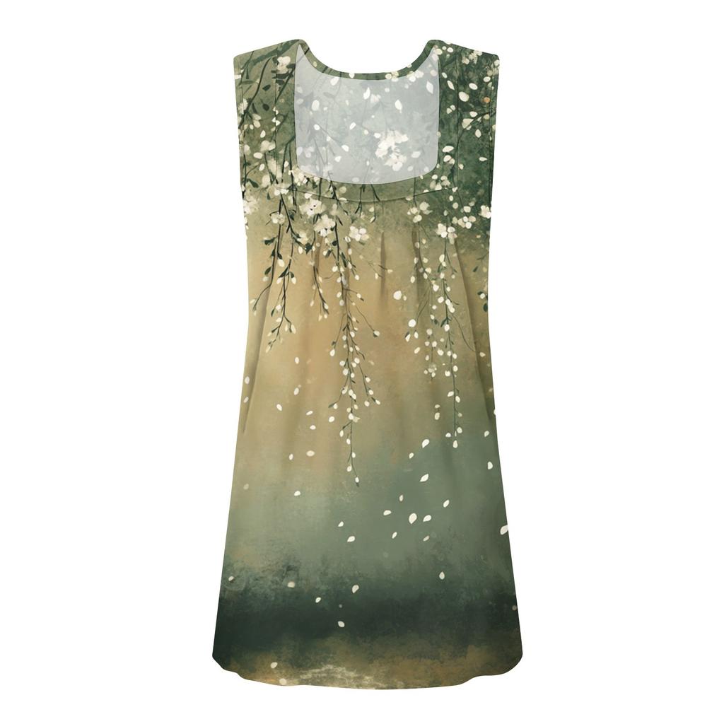 Square Collar Tank Top Women Print Tank Tee Casual Loose Fit Sleeveless Shirt