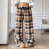 Women Buffalo Plaid Fuzzy Wide Leg Pants Elastic Drawstring High Waist Fluffy Teddy Loungewear Trousers Winter