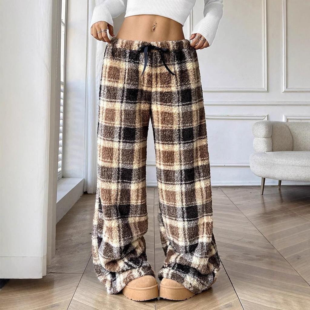 Women Buffalo Plaid Fuzzy Wide Leg Pants Elastic Drawstring High Waist Fluffy Teddy Loungewear Trousers Winter
