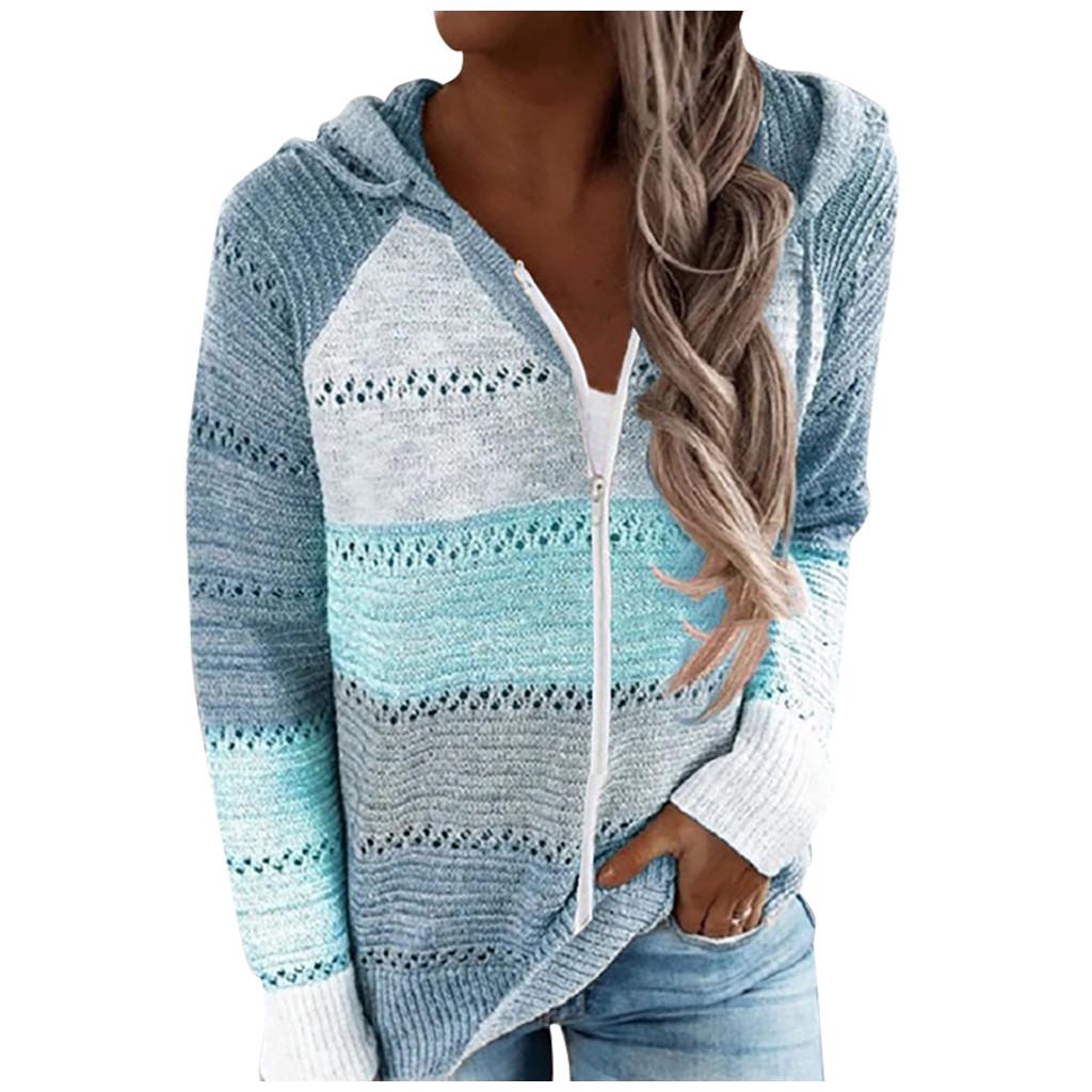 Fashion Women Casual Patchwork Long Sleeves Hooded Sweater Cardigan Blouse Tops