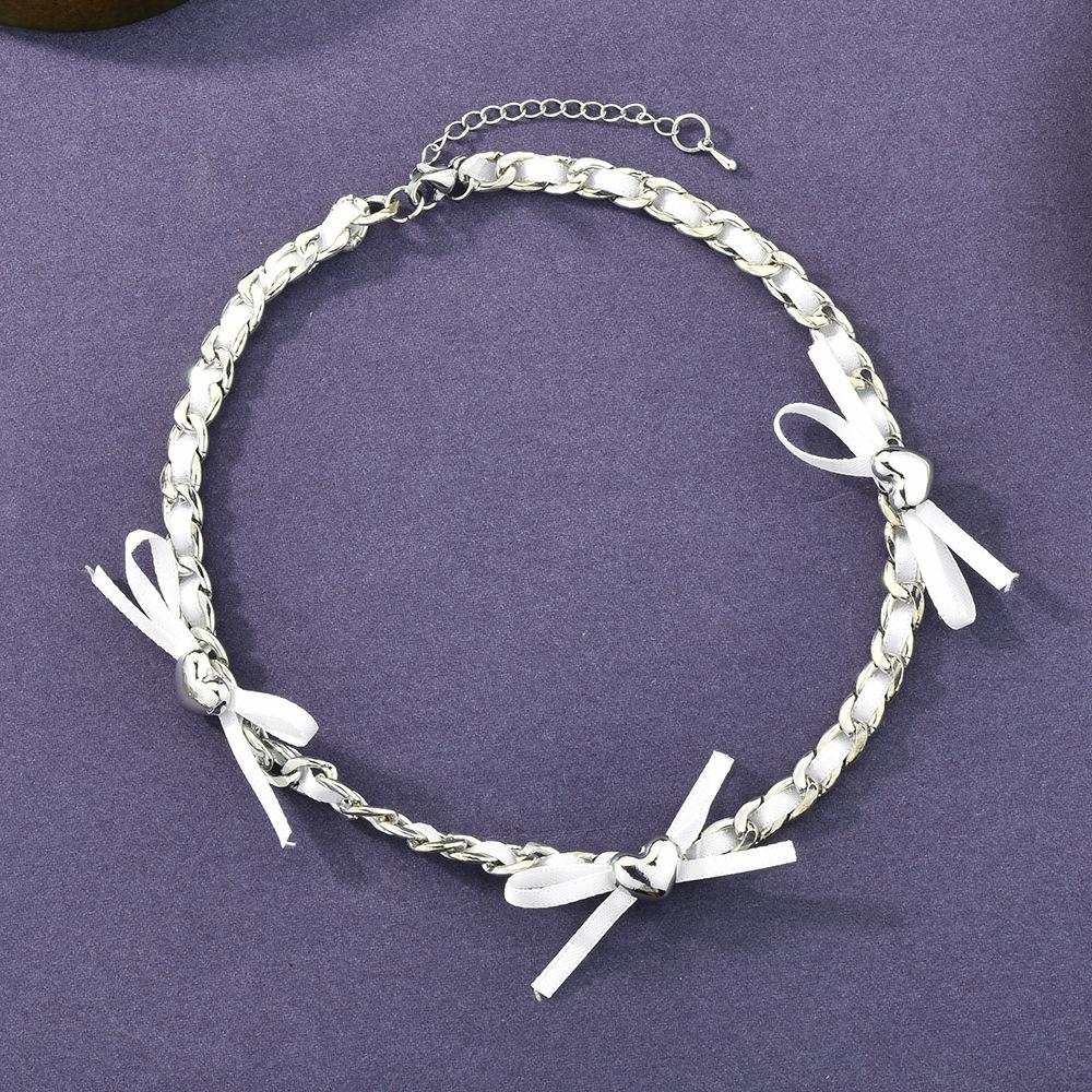 Love Bow Metal Chain Necklace Women'S 2024Chocker Neck Chain Leather Butterfly