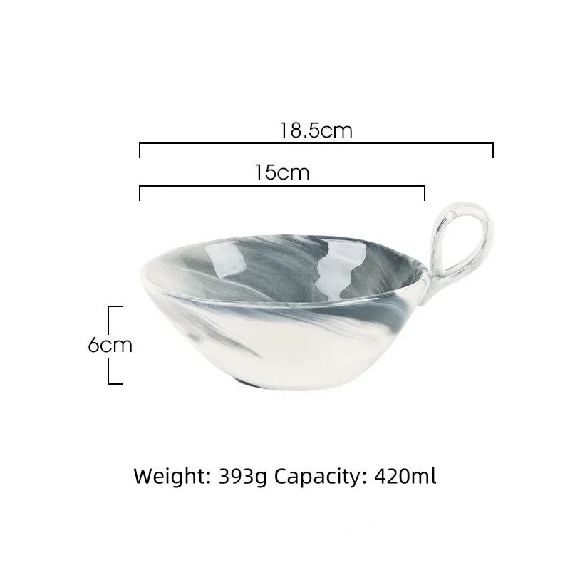 420ml Creative Retro Ceramic Bowl Simple Marbled Pattern Fruit Salad Bowls with Handle Microwaveable Home Dessert Yogurt Bowl