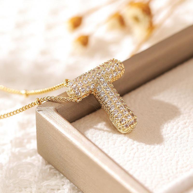 26-Letter Alphabet Pendant Necklace with Copper Clavicle Chain and Micro-Inlaid Zircon