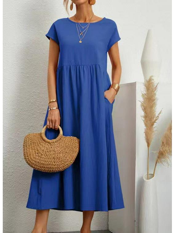 

European American Women s Solid Color Sleeveless Cotton Linen Dress with Patch Pocket 3XL синій