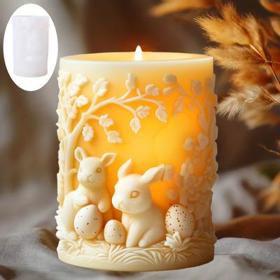 Cute Rabbits Play Flowers Candle Silicone Mold Easter Eggs Bunny Grass Cylindrical Candle Mould Easter Eggs Resin Plaster Molds
