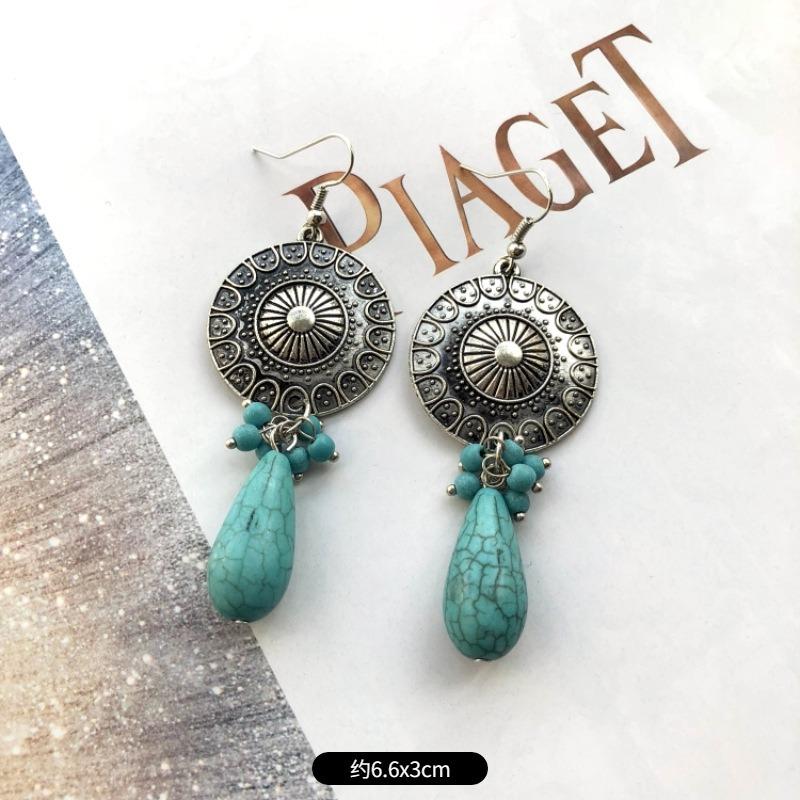 Temperament Retro Turquoise Earrings, Ancient Silver Water Drop Fringed Earrings, Women's Versatile Long Ear Jewelry