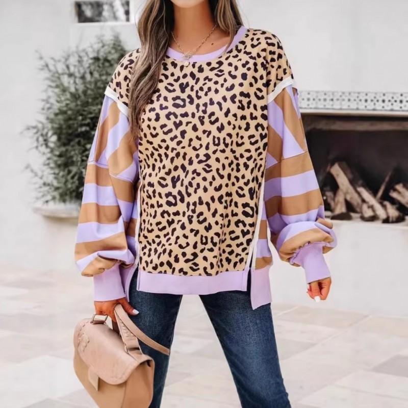 Womens Casual Oversized Round Neck Sweatshirt With Leopard Print Patchwork Stripe Design 2026