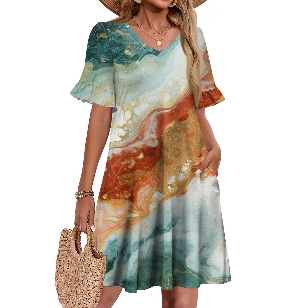 Women A Line Sun Dress Short Sleeve V Neck Printed Dress With Pockets