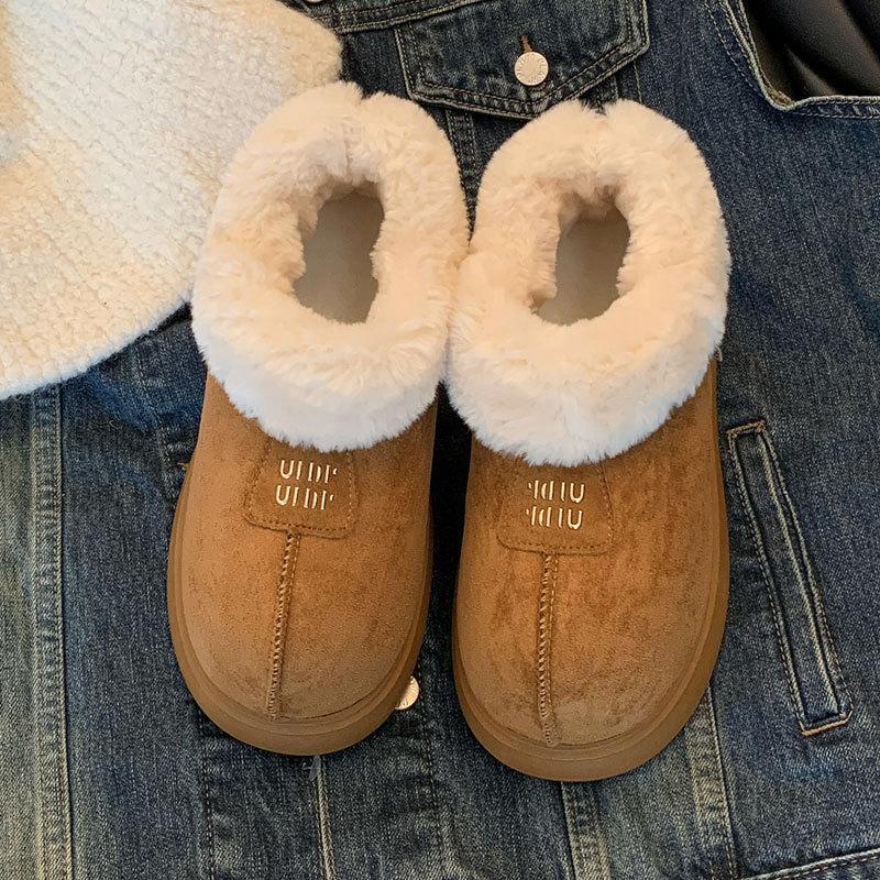 Winter retro ugly cute women's shoes frosted fur shoes plush snow cotton boots one pedal thin big head bread shoes