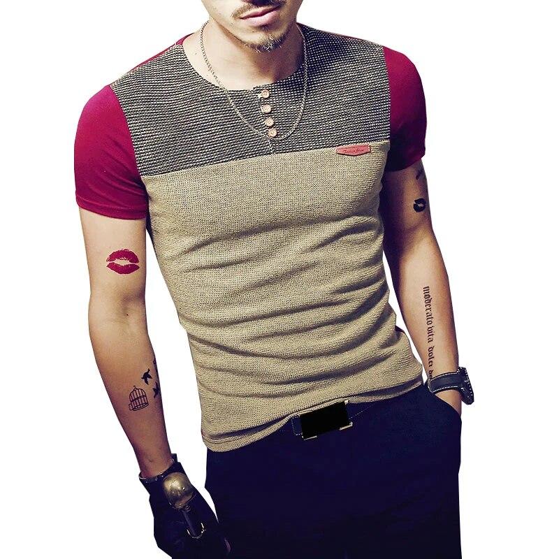 Moda Estiva Design T-shirt da Uomo Casual Patchwork Manica Corta T-shirt Maschili Bottoni Girocollo Vestibilità Slim Hip Hop Top Magliette 5XL