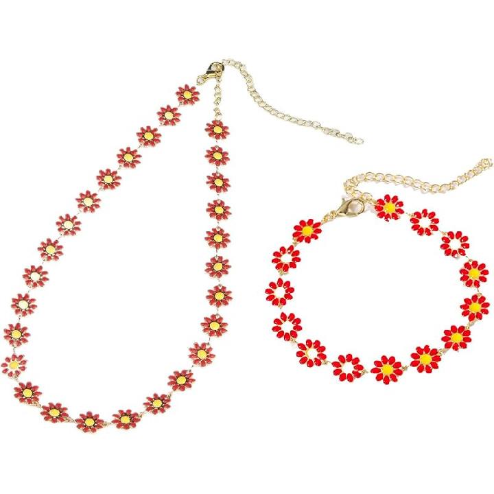Pingyongchang Daisy Flower Necklace and Bracelet Set for Women - Bohemian Enamel Choker, Handmade Gold Spring Sunflower Jewelry for Party and Beach