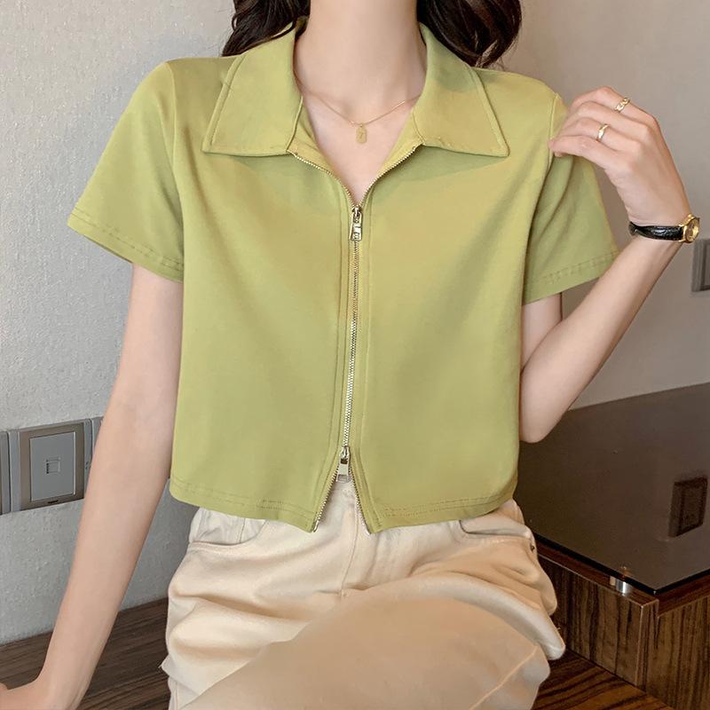 

Французский дизайн Поло лацкан короткий рукав женская футболка летняя тонкая нишевая модель молния короткий рукав короткий топ XL