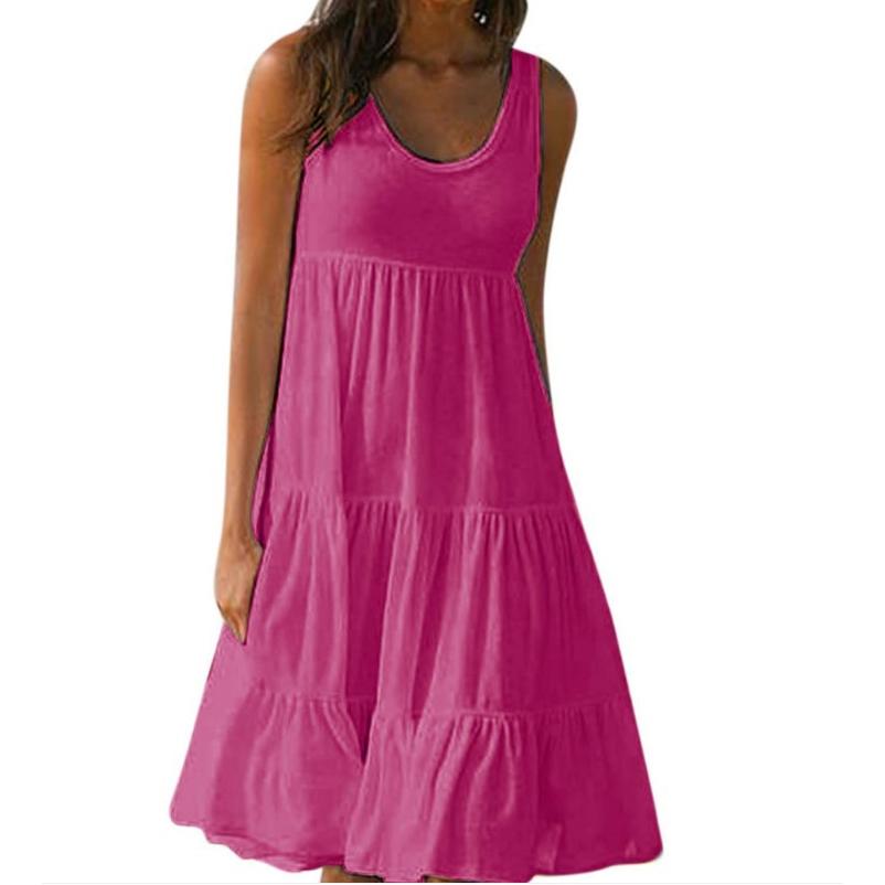Summer Women's Plus Size Women O-Neck Sleeveless Ruffles Mini Dress Boho Solid Beach Sundress Oversized Loose Dress