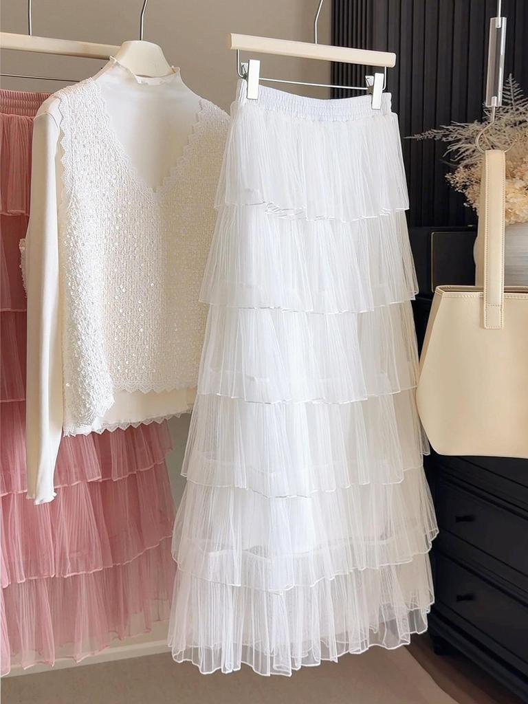Korean Mesh Layered High-Waisted Mid-Length Skirt for Women - Elegant and Flowy Spring 2026 Collection