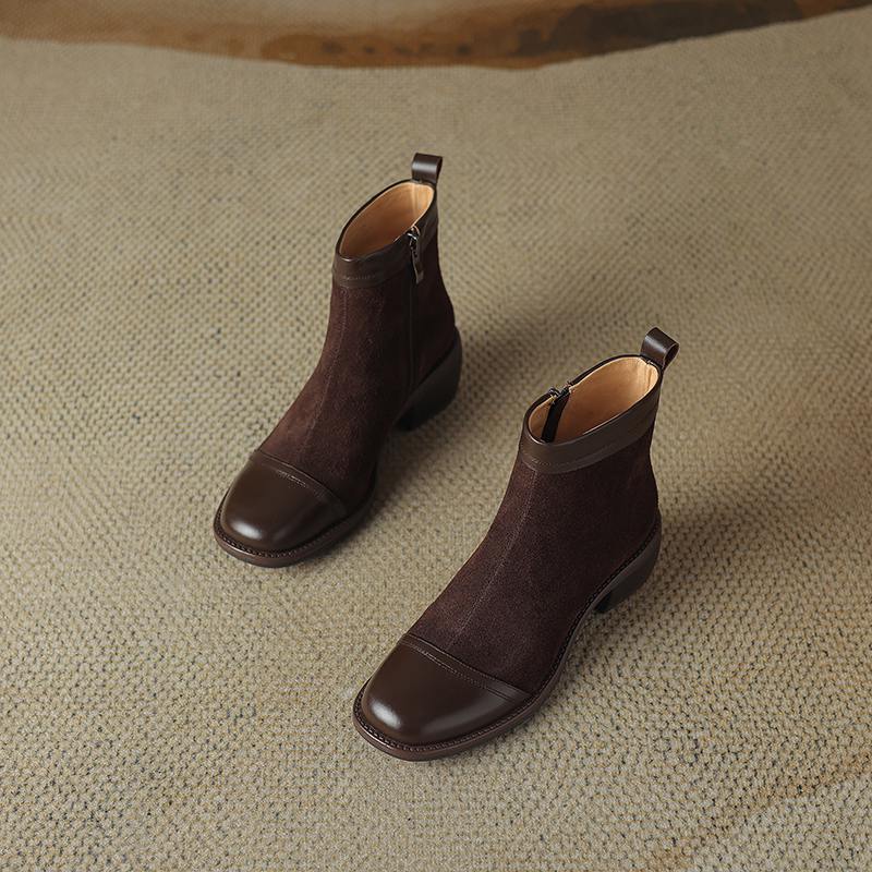 Krazing Pot Cow Skin Cow Suede Winter Square Toe Thick Heels Chelsea Fashion Boots Women Zipper Patch Work Women Ankle Boots