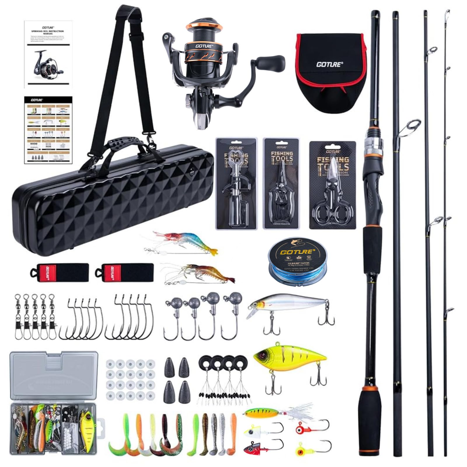 GOTURE Fishing Set Spinning Rod Reel Set with Storage Spinning Lure PE Fish Fishing Beginner Set 1.98M & Bag, Reel, Kit, Pliers, Line, Gripper,