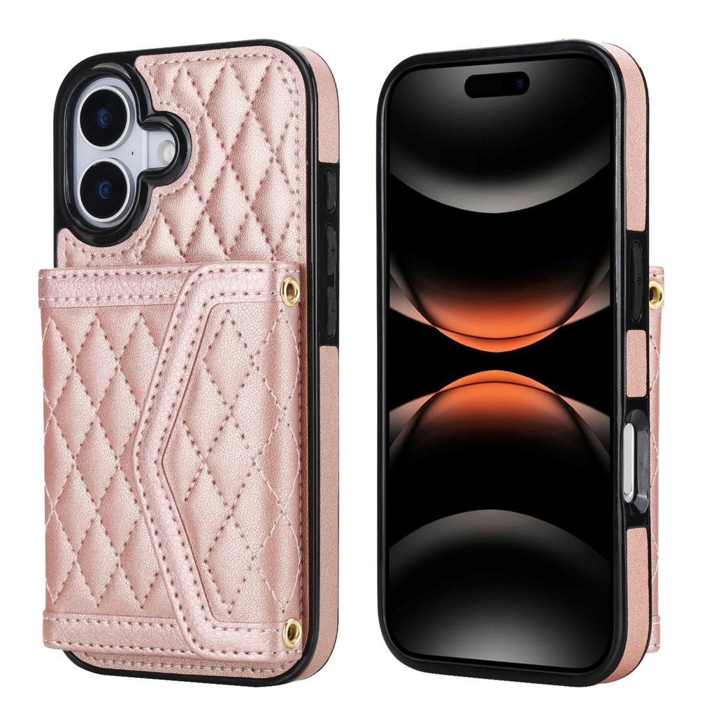 For iPhone 17 Case Card Holders RFID Blocking PU Leather + TPU Phone Back Cover with Shoulder Strap