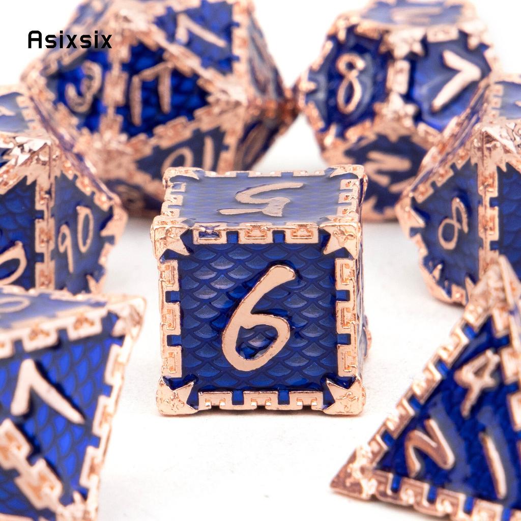 7 Stück blaue goldene Fischschuppen-Metallwürfel aus massivem Metall, polyedrisches Würfelset, geeignet für Rollenspiele, RPG-Brettspiele, Kartenspiele