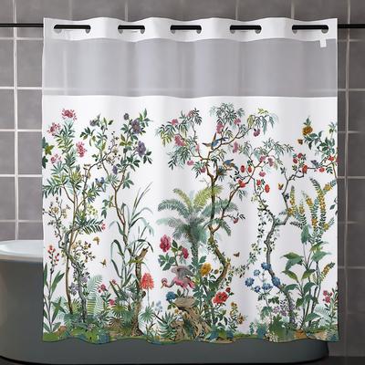 No Hook  Floral Pattern Shower Curtain With Snap-in Fabric Liner, Sheer Top Window, Waterproof Double Layer Bathtub Curtain
