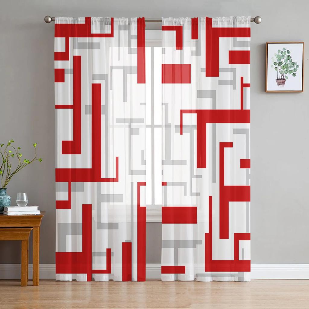 Luxury Art Geometry Yellow Grey Curtains Living Room Printed Tulle Window Curtain Home Balcony Decor Drapes Light Filtering For Area Made Of Polyester