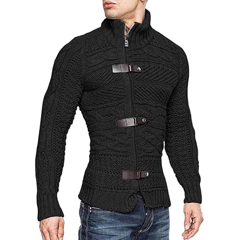 2025 Autumn/Winter Men's Plus Size High Neck Sweater Cardigan with Leather Buckle - European & American Style Long Sleeve Knit Coat