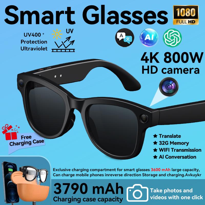 4K 800W HD Camera AI Smart Glasses Men Record Video 3790mAh Battery Languages Translation 3D Music Player Glasses With Camera