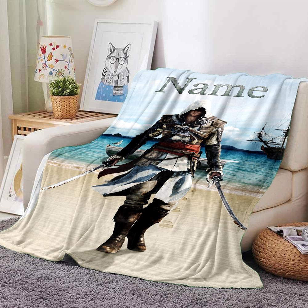 Koc z nadrukiem w stylu Assassin's Creed z imieniem na zamówienie Idealny na kanapę, łóżko, podróże, do użytku na zewnątrz Można prać w pralce Przytulny Trwały