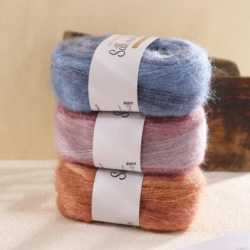 Candy-Colored Silk Gradient Tie-Dye Hand-Knitted Mohair Yarn with Metallic Thread