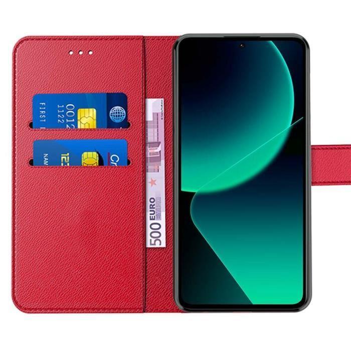 Coque pour Xiaomi 13T - Xiaomi - Etui Antichoc Cuir PU Rouge - Porte-Cartes - 2 Verres Trempés