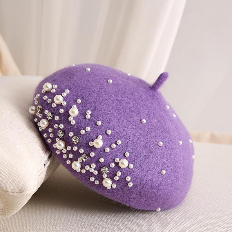 Temperament Pearl Water Diamond Beret Women's Autumn/Winter British Retro Korean Japanese Painter's Hat